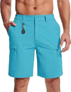 Shorts cargo bleus unis pour hommes, taille mi-haute élastique, séchage rapide, décontractés, longueur Bermuda, avec poches arrière et latérales - Product Image 1