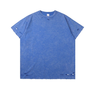 เสื้อยืดผู้ชายไซส์ใหญ่สีน้ำเงินฟอก ผ้าฝ้าย แขนสั้น คอกลม ทรงลำลอง สีพื้น ดีไซน์ขาดๆ ราคาถูก - Product Image 5