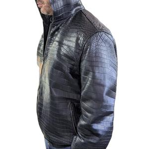 Veste en cuir de crocodile véritable noir, bleu marine foncé, veste en cuir de crocodile pour homme, fermeture éclair, style biker bomber, col bandoulière. - Product Image 1