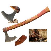 Hache large en acier de Damas avec tête en acier au carbone, design à dos plat, manche en bois - Hache de camping DIY