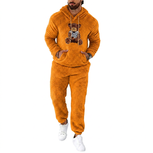 Ensemble de survêtement unisexe marron en polaire respirant et écologique avec applique ours, tenue décontractée à manches longues pour l'hiver - Product Image 4