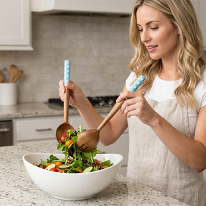 Cuillères à salade multi-usages en bois avec panier d'égouttage, poignée rotative, lave-fruits, séchoir rapide pour légumes et laitues, outils de salade écologiques - Product Image 1