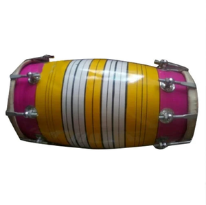 Tambour coloré de style tambourin avec extrémités roses, bandes centrales jaune-blanches et pinces métalliques, tabla en bois à prix de gros. - Product Image 1