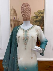 Salwar Kameez de algodón para mujer con dupatta bordada en diseño ombré blanco y morado para uso casual. - Product Image 3