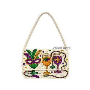 Bolso de Hombro con Cuentas y Lentejuelas Bordadas con Plumas Verdes y Doradas, Diseño de Máscara Morada de Mardi Gras, Bolso de Fiesta Personalizado - Product Image 2