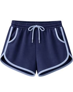 Shorts de détente pour femmes bleu marine, taille élastique, cordon de serrage, bordure contrastée, coton doux et polyester, vêtements de nuit décontractés, shorts confortables d'été - Product Image 1