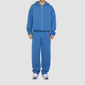Survêtement décontracté deux pièces pour homme en molleton bouclette de coton doux et épais 340 g/m² avec fermeture éclair intégrale et coupe large, respirant, style streetwear - Product Image 1