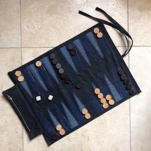 AQDAS INDUSTRIES Foldable <b>Backgammon</b> Set Navy Blue Leather Roll-Up Game <b>Board</b> with Wooden Checkers Dice Unisex Outdoor Party Use - Product Image 1