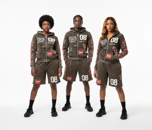 Conjunto Deportivo Personalizado con Estampado Gráfico - Sudadera con Capucha y Cierre Completo Estilo Vintage Lavado Ácido y Pantalones Cortos a Juego - Product Image 1