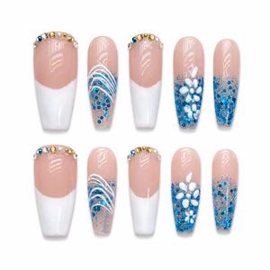 Armadura de escalera extra larga, esmalte de uñas acrílico, Base Rosa desnuda, diseño elegante, aplicación para dedos, prediseñado, floración congelada - Product Image 1