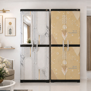 Naiba Deluxe Long Door Plastic Wardrobe <b>Cabinet</b> with Rattan Style Rounded-Panel Hinged Doors for Bedroom Storage - Product Image 4