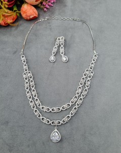 Classic Retro Silver Plated Double Layer TearDrop Pendant Necklace And Drop Earring Luxury American Diamond Wedding <b>Jewellry</b> Set - Product Image 4