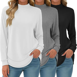 White Grey <b>Black</b> <b>Women's</b> Curved Hem <b>Long</b> <b>Sleeve</b> <b>Top</b> with Short Rib Collar Plain Front and Relaxed <b>Long</b> Body Casual Clothing - Product Image 1