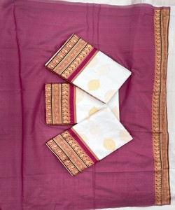 Sari Tradicional de Seda Blanca con Borde Dorado y Morado, Vestido de Novia para Mujer, Estilo Indio-Pakistaní, Largo hasta el Suelo, Corte Regular - Product Image 5