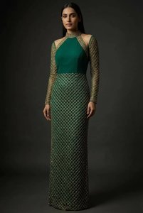 Robe de soirée de luxe pour femmes, ornée de perles à la main |   Robe de soirée à manches longues et à manches bouffantes |   Vêtements de mariée et de cérémonie sur mesure en gros - Product Image 2