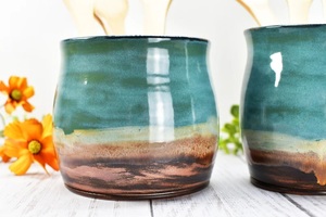 Handcrafted Ceramic Utensil Holder Reactive Glaze Coastal Blue Finish Kiln <b>Fired</b> Thick Wall Durable Kitchen Counter Organizer - Product Image 6