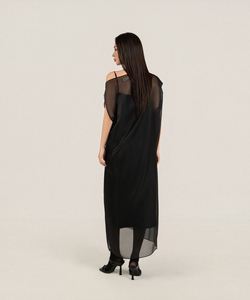Robe décontractée d'été de luxe en organza de soie transparente, asymétrique à bouton sur l'épaule, coupe droite ample, élégante et minimaliste, Vietnam, ODM OEM - Product Image 5
