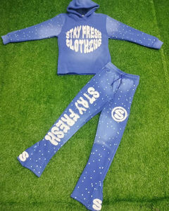 Ensemble de survêtement personnalisé hiver, sweat à capuche et pantalon de jogging, broderie vieillie, appliqué, patch, délavé à l'acide, pour femmes et hommes, 100% coton - Product Image 1