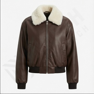 Chaqueta de cuero genuino de talla grande para mujer, bombardero de cuero a la moda, venta al por mayor, cuero de oveja con cuello de piel de poliéster falso para mujer - Product Image 2