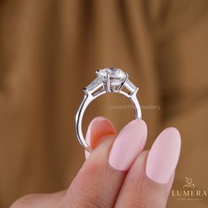 Lab Grown Round Diamond Anniversary <b>Ring</b>, Side Tapered Baguette Three Stone <b>Ring</b>, Solid Gold Band <b>Secure</b> in Four Prong Set <b>Ring</b> - Product Image 3