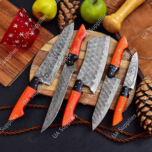 Ensemble de 5 couteaux de chef de cuisine de style japonais, OEM/ODM personnalisé, lames en acier Damas martelé, manche ergonomique en bois, ambidextre, haute qualité - Product Image 4