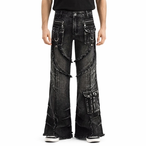 Jeans de mezclilla negros desgastados para hombre, de cintura alta, corte holgado, estilo streetwear, con cremalleras y bolsillos, para otoño. - Product Image 1