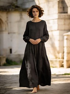 Robe longue blanche de style bohème pour femmes, manches longues, coupe ample, fluide, en coton et lin, légère, robe longue de vacances - Product Image 5