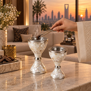 Ensemble de brûleurs à bakhoor en acier inoxydable martelé |   Porte-encens Oud Arabe avec plateau de service et pinces, décoration islamique pour la maison et le Majlis - Product Image 2