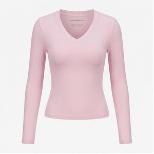 Camiseta de Yoga Rosa Sólida de Manga Larga con Cuello en V para Mujer, Ropa Deportiva Transpirable de Algodón y Spandex, Marca North Approach - Product Image 1