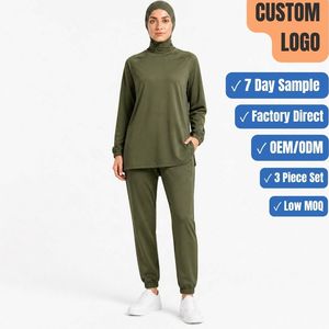 Squat Proof 260GSM 3 Piece Modest Sport Set Nylon Spandex <b>Raglan</b> <b>Top</b> Jogger OEM Wholesale - Product Image 1