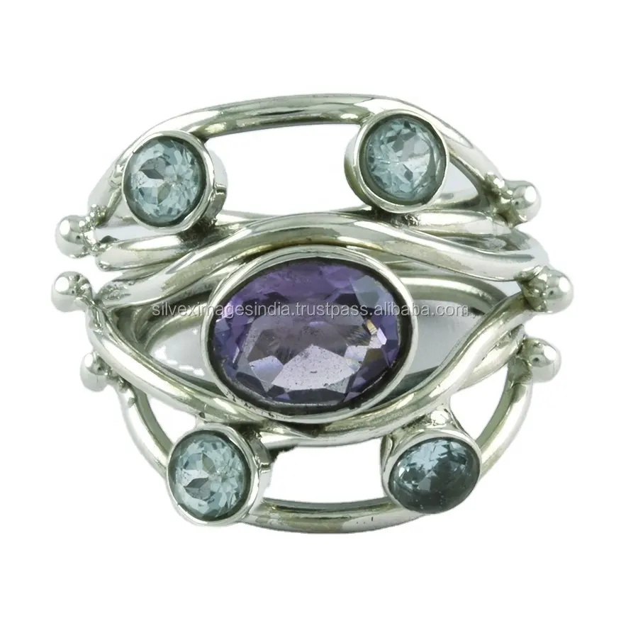 Genuine Design !! Amethyst & Blue Topaz Stone 925 Sterling Silver Ring, Women Ring With 925 Sterling Silver