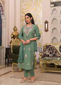 Ensemble Salwar en coton vert longueur cheville avec broderie et dupatta, tenue ethnique traditionnelle pour femmes, Inde, Pakistan, décontracté - Product Image 4