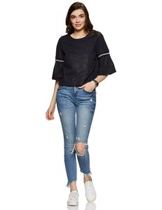 Top de Punto Azul Marino para Mujer, con Mangas Acampanadas, Cuello Redondo, Estilo Casual de Verano, 100% Poliéster Transpirable, Diseño con Volantes - Product Image 1