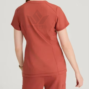 Ensemble de blouses médicales pour femmes, col en V, couleur unie, extensible, haut à manches courtes et pantalon, uniforme de travail pour le personnel soignant - Product Image 2