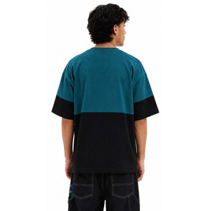 Custom <b>Men</b> Teal Black Color Block <b>T</b>-<b>Shirt</b> Raised Letter <b>Slogan</b> Print Oversized Drop Shoulder Heavyweight Cotton Streetwear Tee - Product Image 4