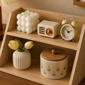 Wooden Double Tier <b>Storage</b> <b>Rack</b> With Drawer And Rattan Panels For <b>Kitchen</b> Countertop Organization Minimalist Style <b>storage</b> - Product Image 6