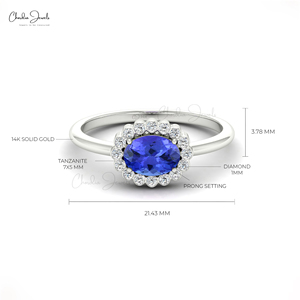 Asian Manufacturer IGI Certified 1mm Diamond Halo <b>Ring</b> With 7X5MM Oval Cut Tanzanite Gemstone In 14K Solid Gold Wedding Jewelry - Product Image 2
