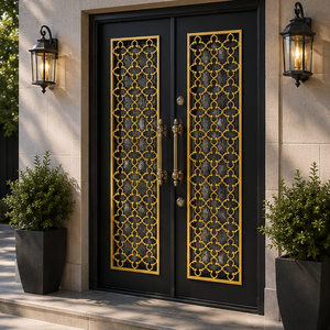 Porte d'entrée double de luxe noire et or avec grille métallique géométrique décorative et verre dépoli pour une entrée sécurisée - Product Image 2