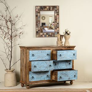 Commode à six tiroirs en bois de manguier sculpté à la main, écologique, bleu rustique, avec motif mandala, meuble de rangement pour salon - Product Image 2
