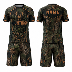 Ensemble de chasse pour homme MEGAMAPLE à motif floral, chemise à manches courtes et short, respirant, en polyester, pour l'été, vêtements d'extérieur, logo sur le devant - Product Image 1