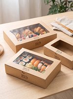 Boîtes à lunch rectangulaires en papier kraft brun, matériaux recyclés, adaptées au sushi, avec fenêtre, pour la restauration, les fruits, les pâtisseries