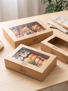 Boîtes à lunch rectangulaires en papier kraft brun, matériaux recyclés, adaptées au sushi, avec fenêtre, pour la restauration, les fruits, les pâtisseries - Product Image 3