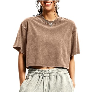 Camiseta Corta de Mujer, Color Marrón, Cuello Redondo, Manga Corta, Corte Holgado, Informal, Tejida, Color Sólido, para Uso Diario en Todas las Temporadas - Product Image 1
