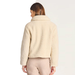 Women's Cream <b>Fleece</b> <b>Jacket</b> With Shawl Collar And Covered Buttons <b>Warm</b> Winter Outerwear Short Length Full Sleeve - Product Image 2