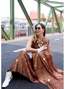 KV for <b>Satin</b> Crepe Silk Traditional Printed Party <b>Saree</b> with Unstitched Blouse - Product Image 3