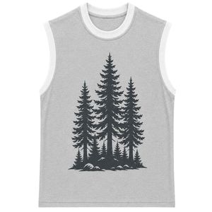 เสื้อกล้ามสีเทาและสีขาวแบบกำหนดเองได้ พร้อมลายพิมพ์กราฟิกป่าสน เสื้อกั๊กผ้าฝ้ายคอกลมสำหรับผู้ชาย ใส่ได้ในฤดูร้อน - Product Image 1