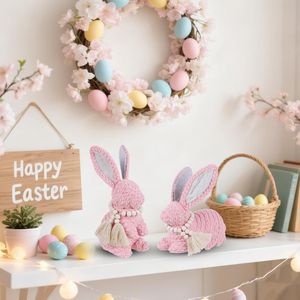 Set di 2 Decorazioni Pasquali con Coniglietti Rosa Intrecciati, Statuette per Casa, Mensole, Centrotavola, Decorazioni Primaverili - Product Image 4