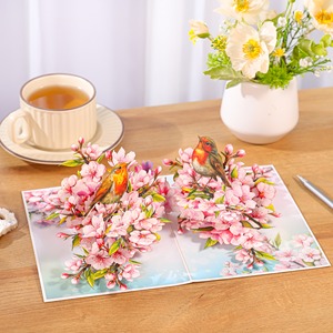 Carte de vœux 3D artisanale Viet-craft en carton, motif fleur de cerisier et oiseau, origine Hanoï, vente en gros - Product Image 2
