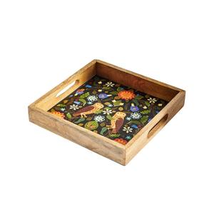 Plateau de service carré en bois de manguier avec motifs hiboux fantaisie et jardin floral, idéal pour la vente en gros et les commandes en vrac - Product Image 1