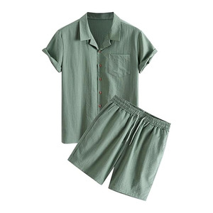 Conjunto de 2 Piezas de Lino para Mujer, Color Sólido, Cuello Camisero, Manga Corta, Corte Holgado, Casual, Transpirable, para Primavera/Verano, por Encima de la Rodilla - Product Image 1